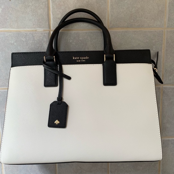 KATE SPADE LARGE CAMERON SATCHEL BEIGE BLACK BAG - Picture 2 of 7